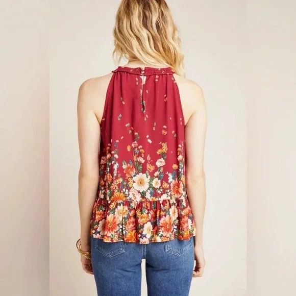 NWT new Anthropologie Farm Rio claudette halter top SMALL red floral flounced - Picture 4 of 17